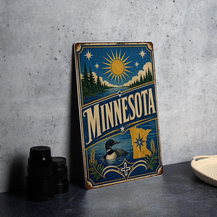 A vintage-style metal sign with a lake and sun illustration, featuring the word "MINNESOTA" prominently displayed.