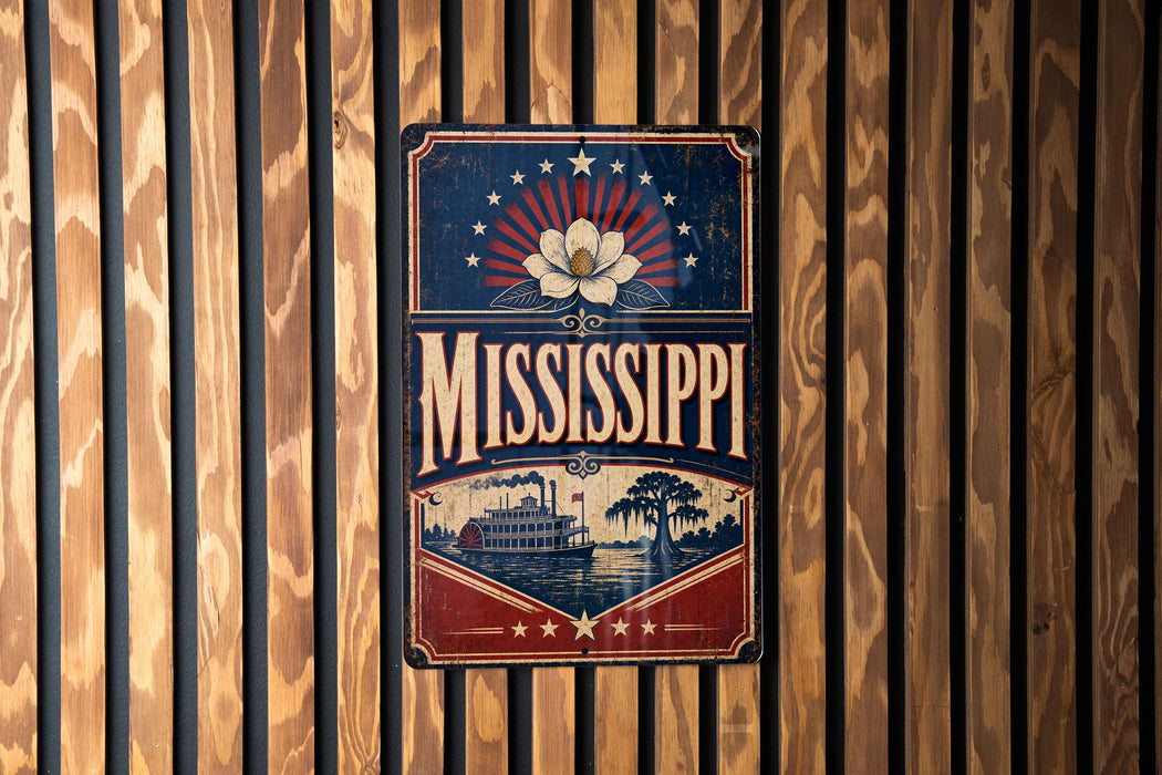 A vintage-style metal sign with the word "MISSISSIPPI" prominently displayed, featuring a riverboat illustration and a flower design.