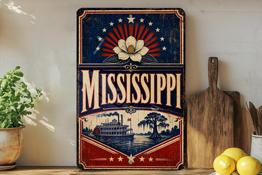 A vintage-style sign for Mississippi, featuring a large flower and a steamboat, is displayed on a shelf next to a wooden cutting board and some lemons.