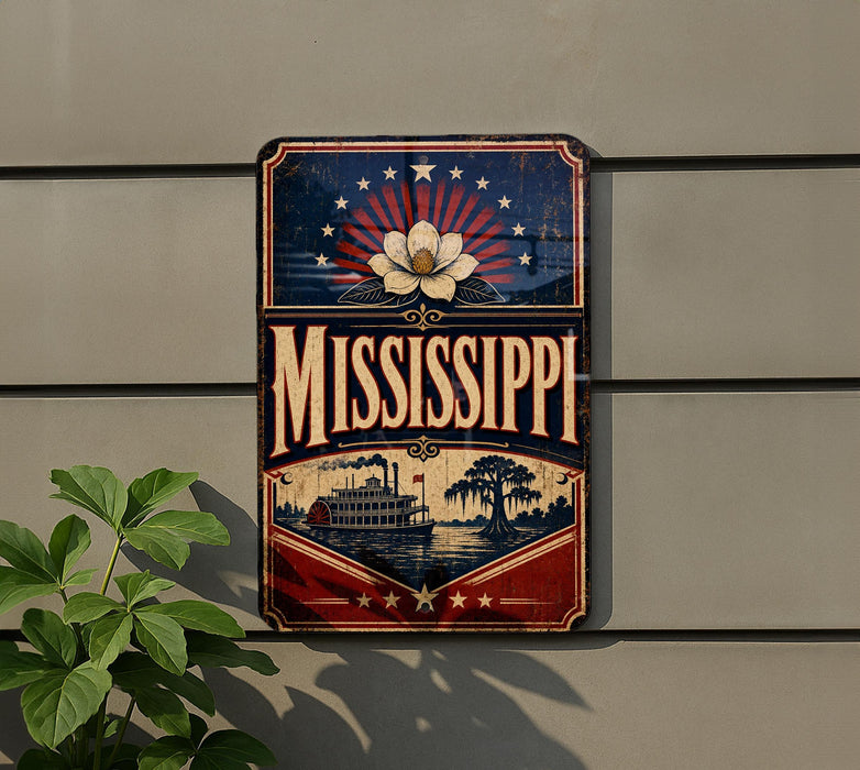 A vintage-style metal sign with the word "MISSISSIPPI" prominently displayed, featuring a large white flower and a river scene.