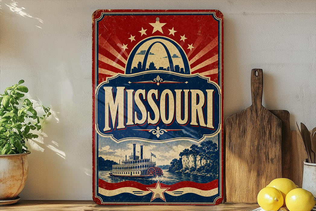 A vintage-style sign for Missouri featuring a steamboat and a city skyline, with the word "Missouri" prominently displayed.
