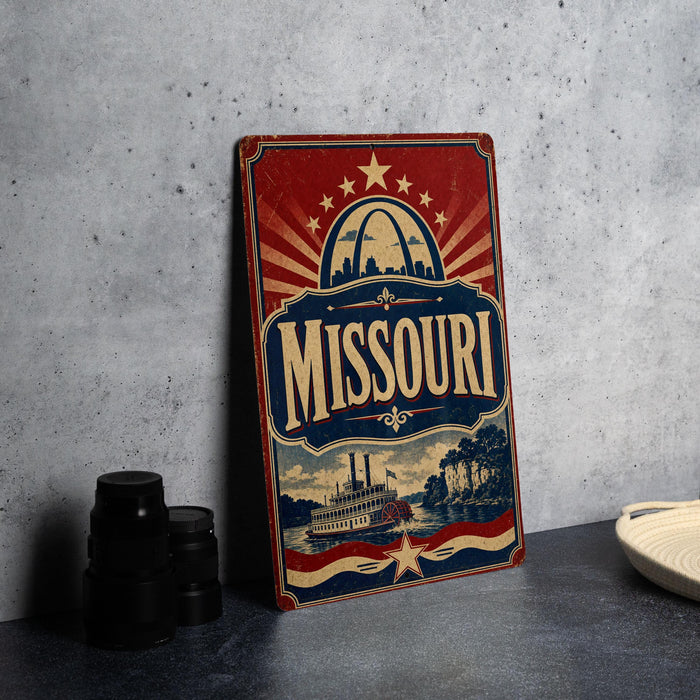 A vintage-style metal sign with the word "Missouri" prominently displayed, featuring a riverboat illustration and a starburst design.