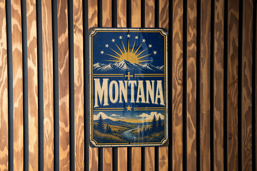 A vintage-style metal sign with the word "Montana" prominently displayed, featuring a mountain landscape and sunburst design.