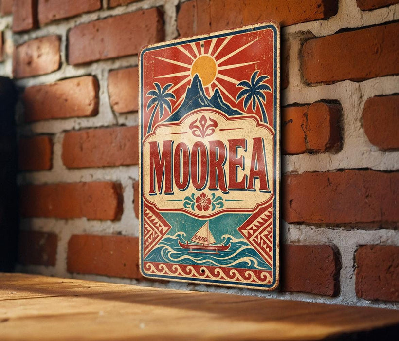 A vintage-style metal sign with the word "Moorea" prominently displayed, featuring a sun and palm trees, is mounted on a brick wall.