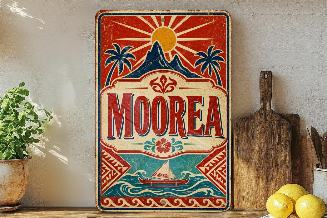 a vintage-style sign with a colorful design, including a sun, palm trees, and a sailboat, mounted on a wall.