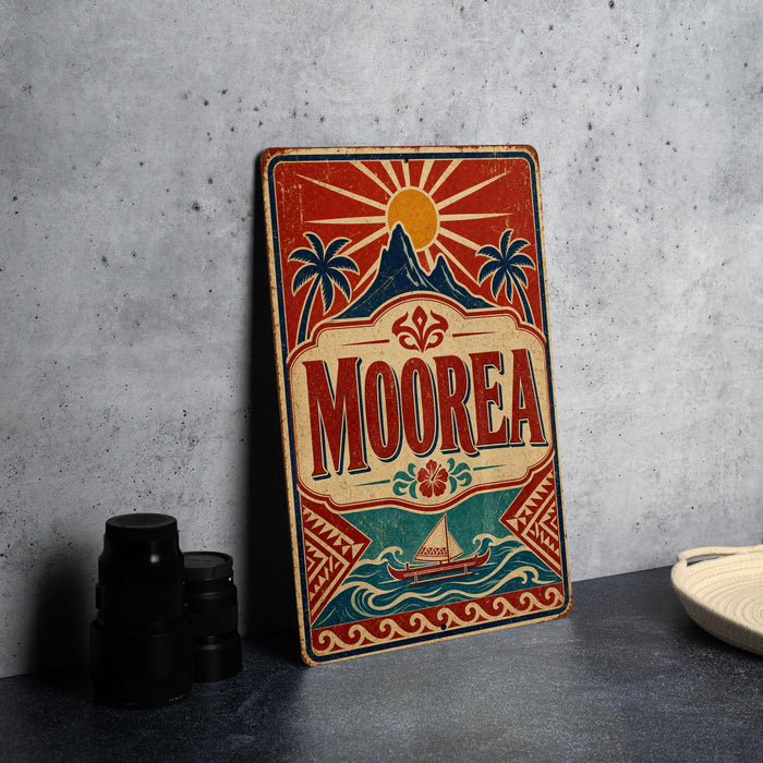A vintage-style metal sign with the word "MOOREA" prominently displayed, featuring a tropical landscape with palm trees, a sun, and a boat.
