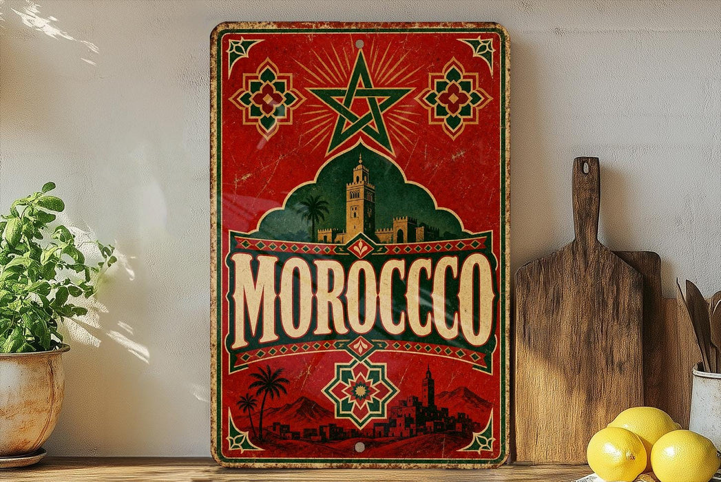a vintage Moroccan-themed sign with a red background, green and gold accents, and a star at the top. The sign displays the word "MOROCCO" in large white letters. The sign is placed on a wooden surface, with a potted plant to the left, a wooden cutting board to the right, and a bunch of lemons in the foreground.