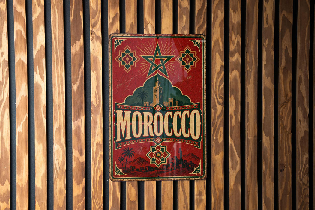 A vintage metal sign with the word "MOROCCO" displayed prominently in the center, surrounded by decorative elements such as a star and floral patterns.
