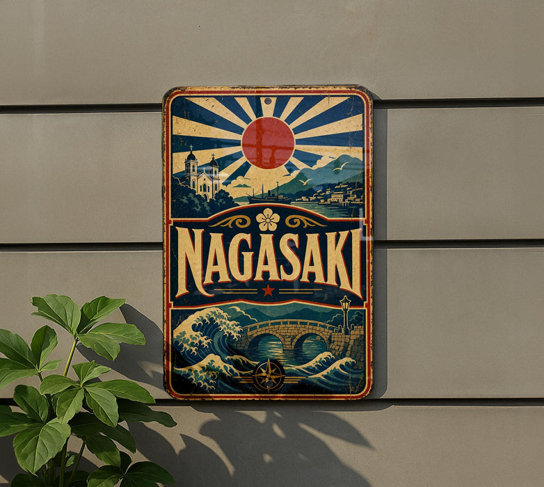 A vintage-style sign with the word "Nagasaki" prominently displayed, featuring a sun and Japanese-style architecture.