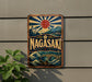 A vintage-style sign with the word "Nagasaki" prominently displayed, featuring a sun and Japanese-style architecture.