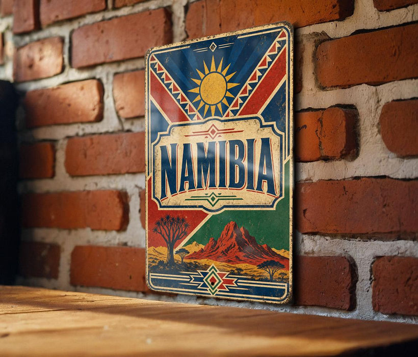 a vintage Namibia poster or sign hanging on a brick wall.
