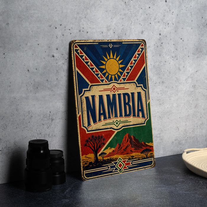 a vintage Namibia poster with a colorful design and the word "Namibia" prominently displayed.