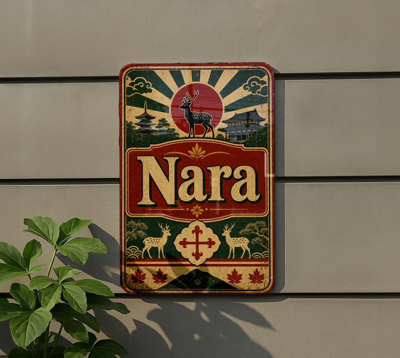 A vintage-style sign with the word "Nara" displayed prominently, featuring a deer, sun, and other traditional Japanese imagery.