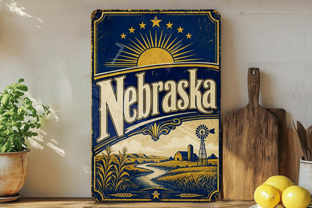 A vintage-style metal sign with the word "Nebraska" prominently displayed, featuring a sun and windmill illustration, is placed on a wooden surface next to a potted plant and a wooden cutting board.