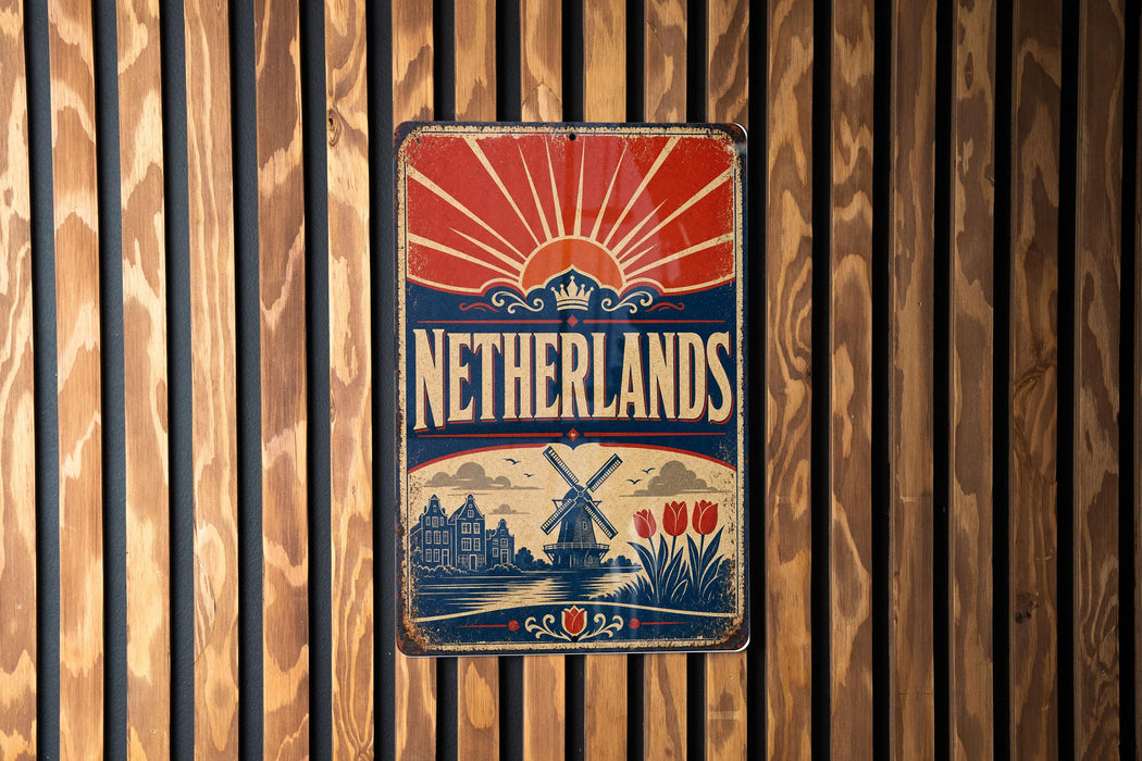 A vintage-style metal sign with the word "Netherlands" prominently displayed, featuring a sunburst design and a windmill illustration.