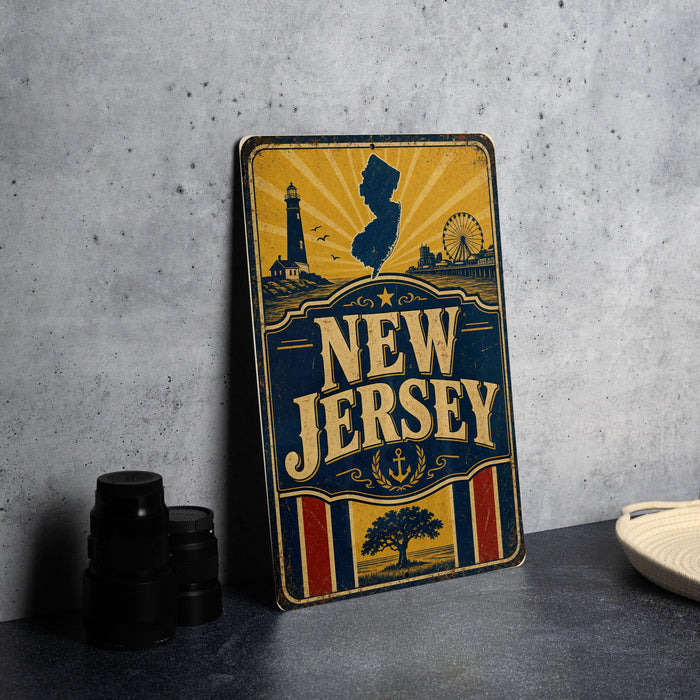 A vintage-style metal sign with the text "NEW JERSEY" prominently displayed, featuring a lighthouse, ferris wheel, and other nautical elements.