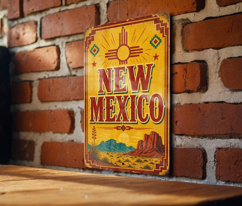 A vintage-style metal sign with the text "NEW MEXICO" is displayed on a brick wall, featuring a desert landscape and sun motif.