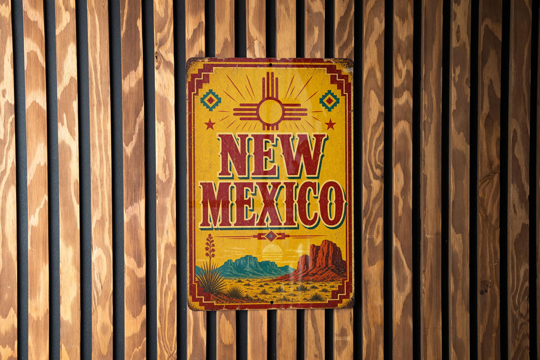 A vintage metal sign with the text "NEW MEXICO" is displayed on a wooden wall.