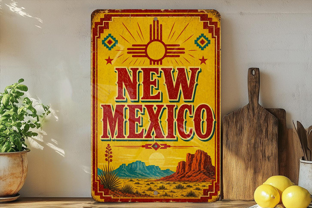A vintage-style sign for New Mexico, featuring a desert landscape with mountains and a sun design, is displayed on a shelf next to a wooden cutting board and some kitchen utensils.