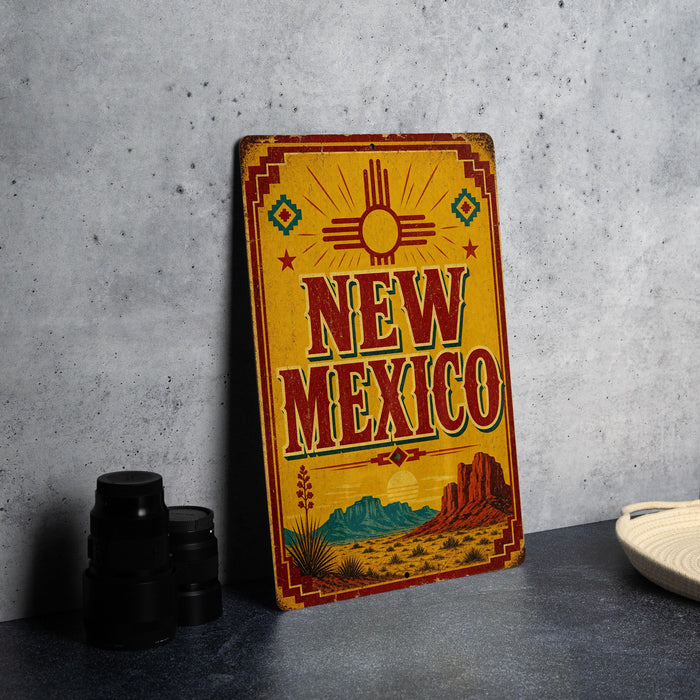 A vintage-style sign for New Mexico, featuring a desert landscape and sun motif, is displayed on a countertop next to some black camera lenses.