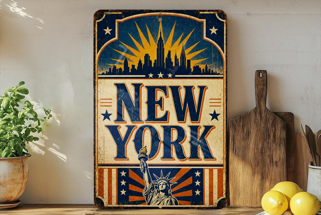 A vintage-style metal sign with the text "NEW YORK" prominently displayed, featuring an illustration of the Statue of Liberty and a city skyline.