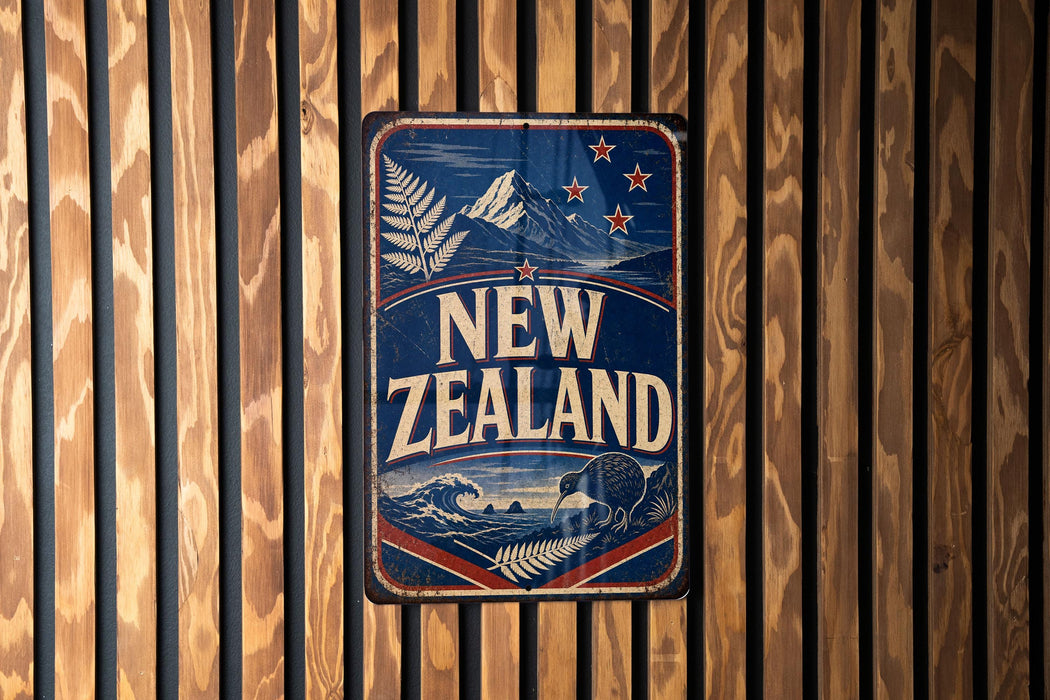 A vintage-style sign that reads "NEW ZEALAND" is displayed on a wooden wall.