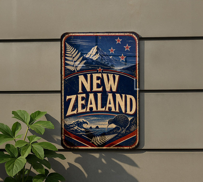 a vintage-style sign that reads "NEW ZEALAND" with a kiwi bird and mountain landscape.