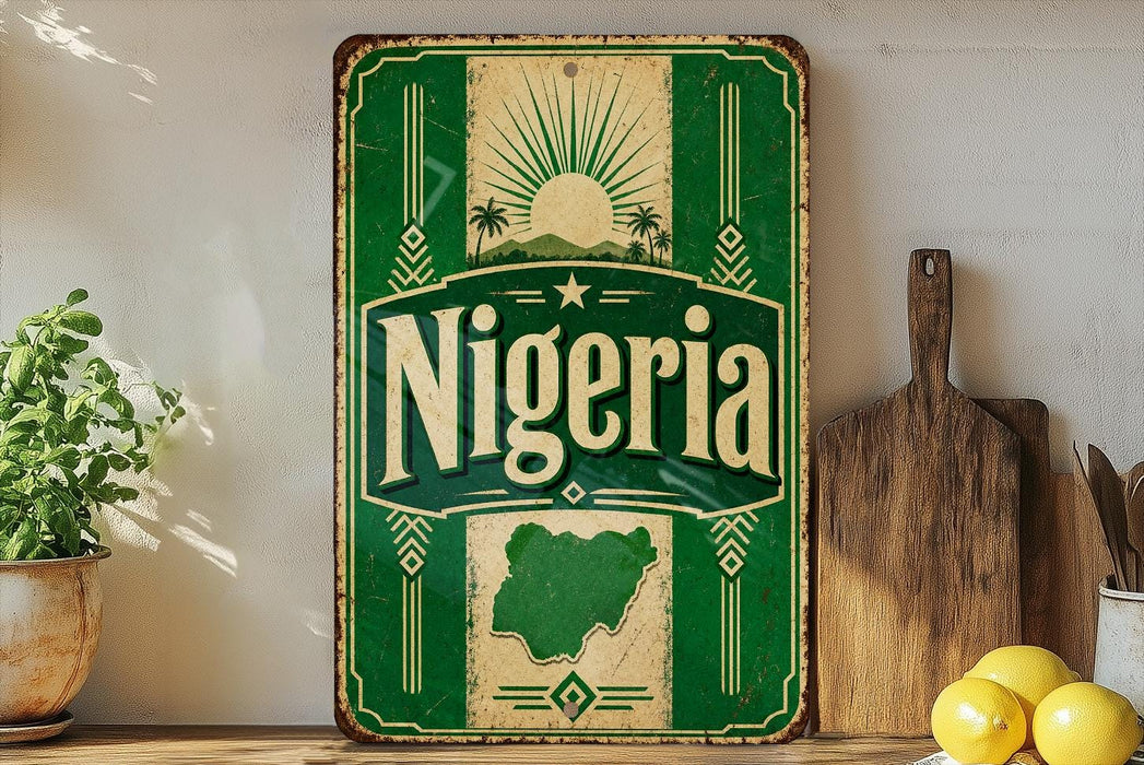 a vintage-style sign with the word "Nigeria" prominently displayed, along with a map of Nigeria. The sign is placed on a shelf next to a wooden cutting board and a potted plant.