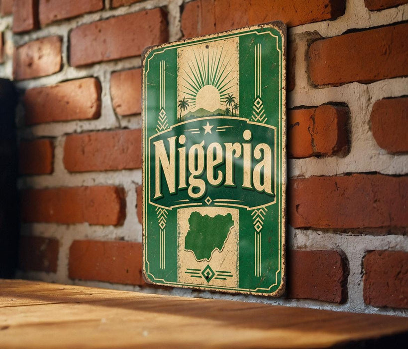 A vintage-style sign with the word "Nigeria" prominently displayed, mounted on a brick wall.