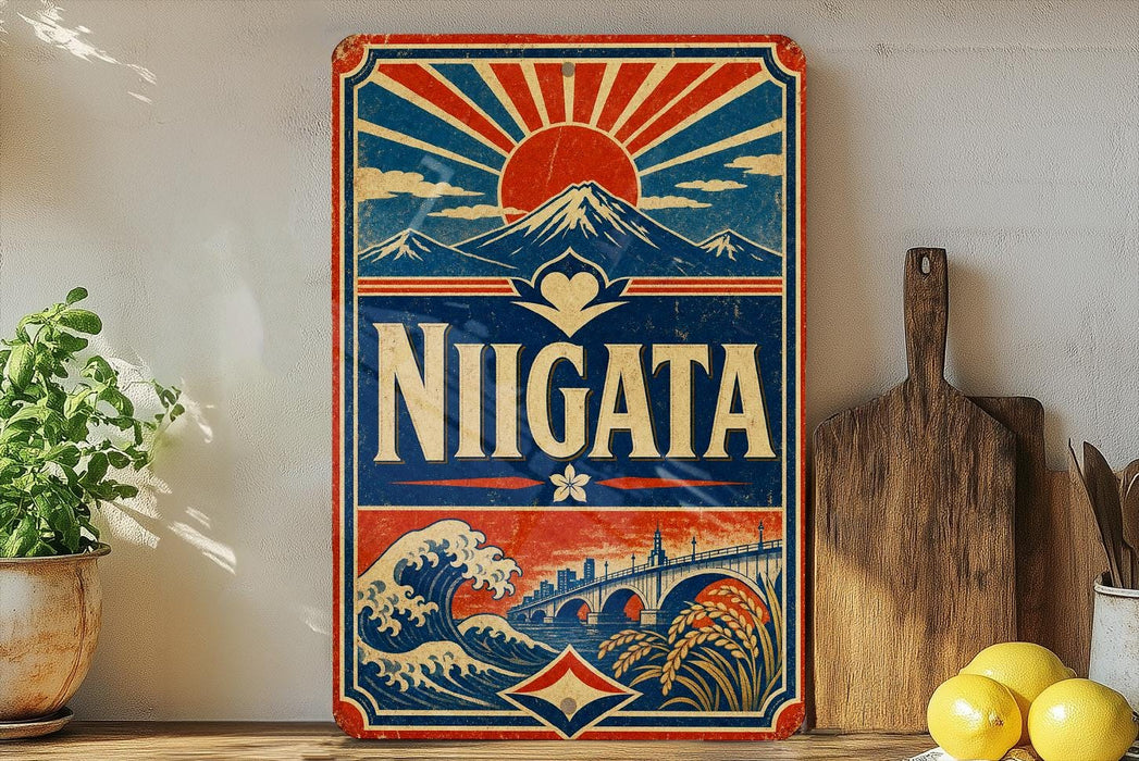 A vintage-style sign with a sun and mountain design, featuring the word "NIGATA" prominently displayed. The sign is placed on a shelf next to a wooden cutting board and some potted plants.