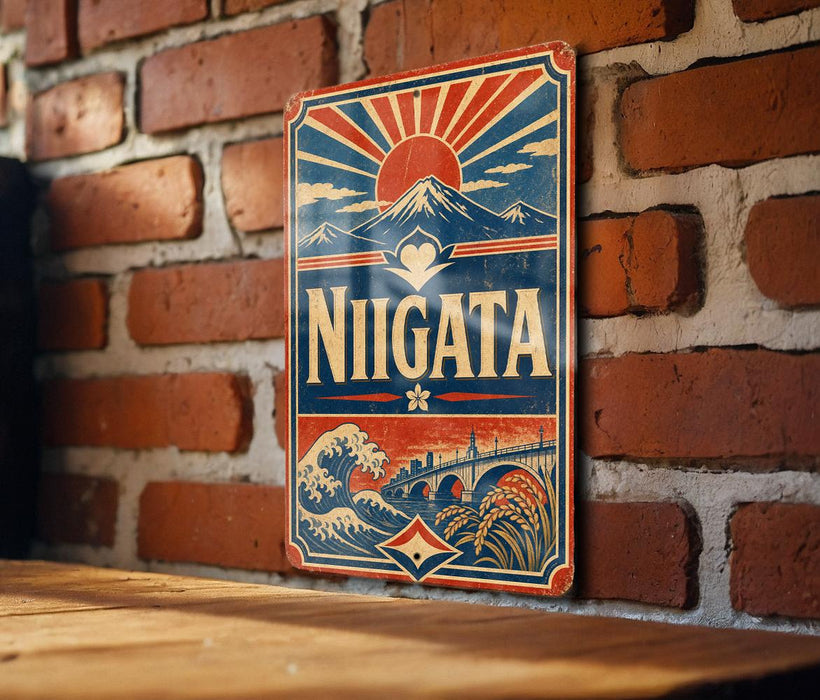 A vintage-style sign with the word "NIGATA" prominently displayed, featuring a sun and mountain landscape design.