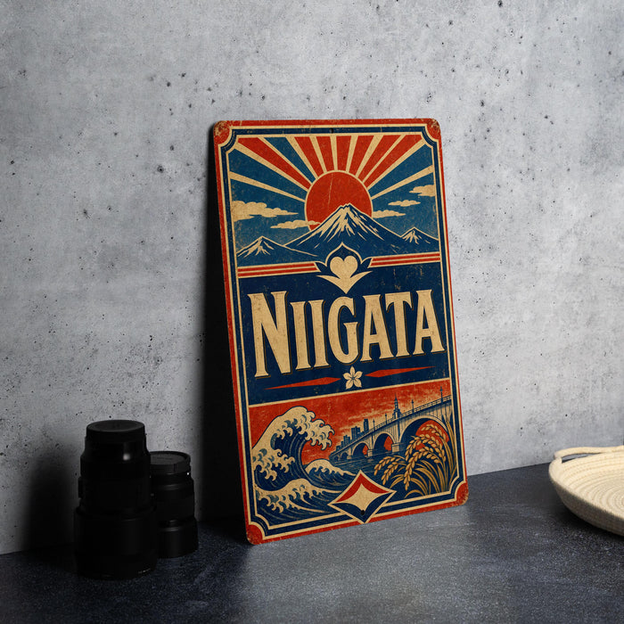 A vintage-style metal sign with the word "NIGATA" prominently displayed, featuring a sun and mountain landscape design.