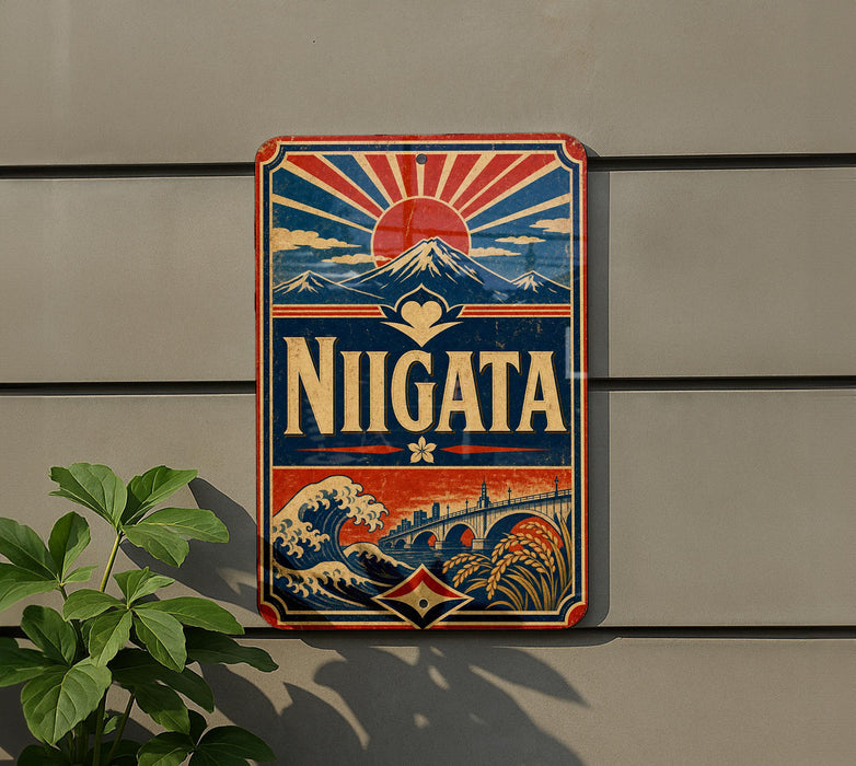 A vintage-style sign with the word "NIGATA" prominently displayed, featuring a sun and mountain landscape design.