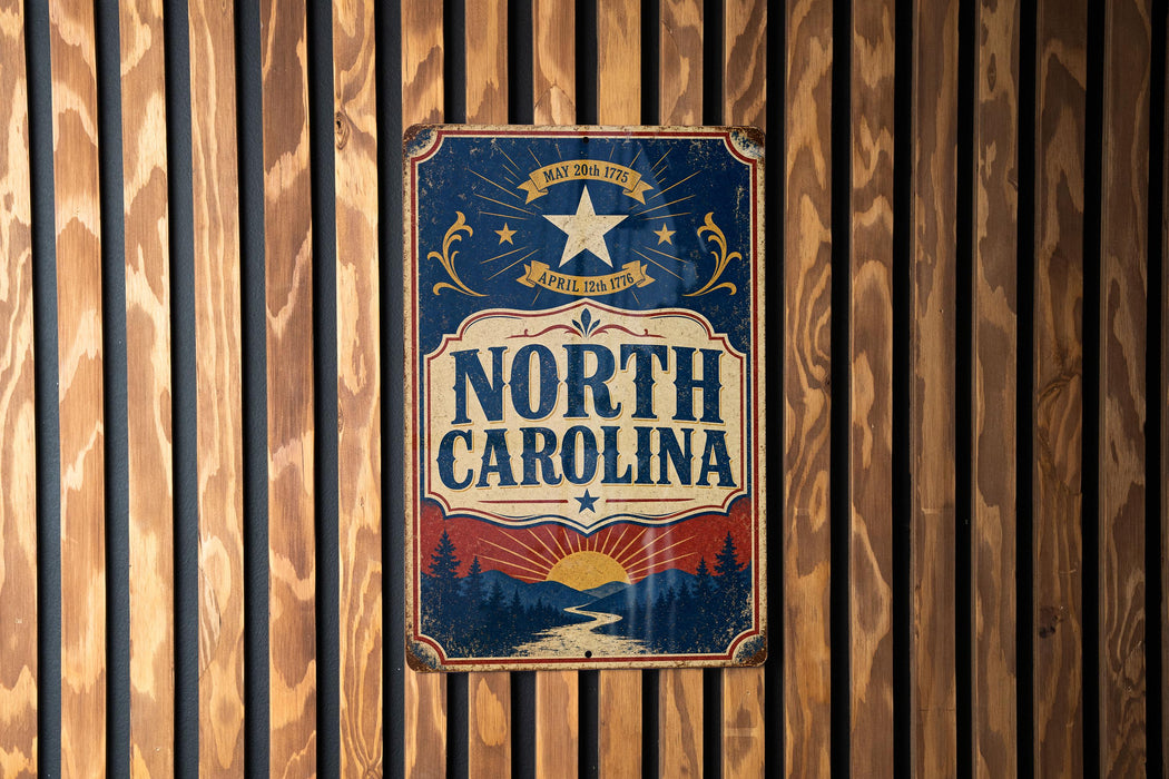 A vintage-style metal sign with the text "NORTH CAROLINA" displayed prominently in the center, surrounded by a decorative border.