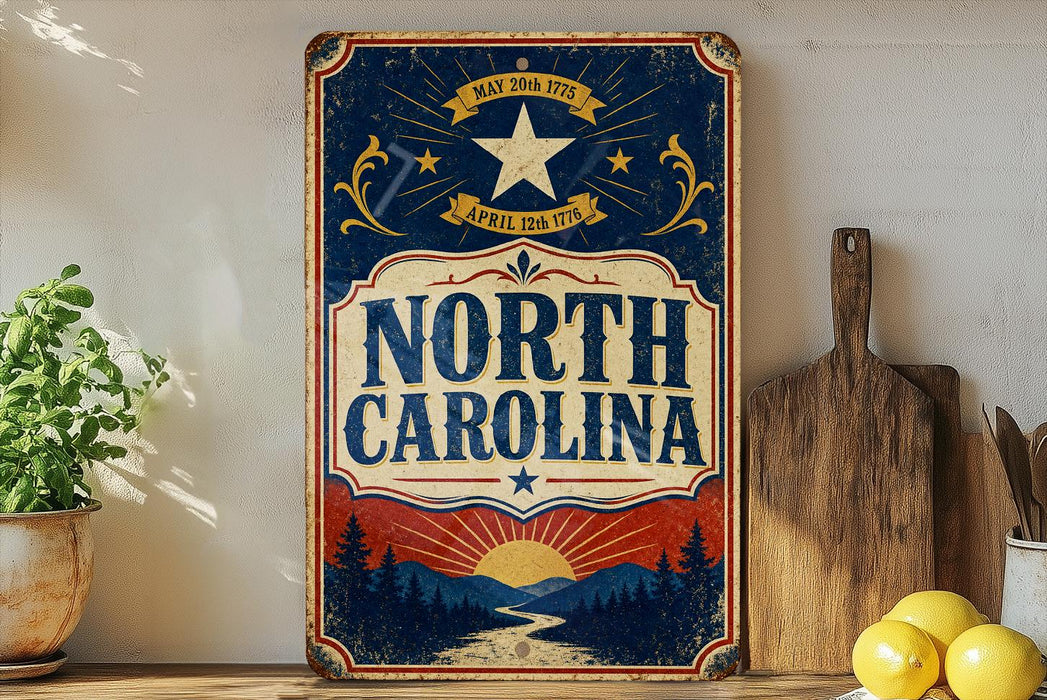 A vintage-style sign for North Carolina, featuring a sun and mountain landscape, is displayed on a shelf next to a wooden cutting board and some lemons.