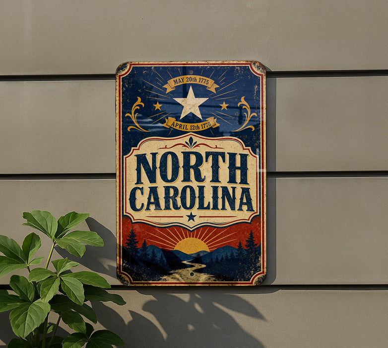A vintage-style metal sign with the text "NORTH CAROLINA" displayed prominently, mounted on a wall.