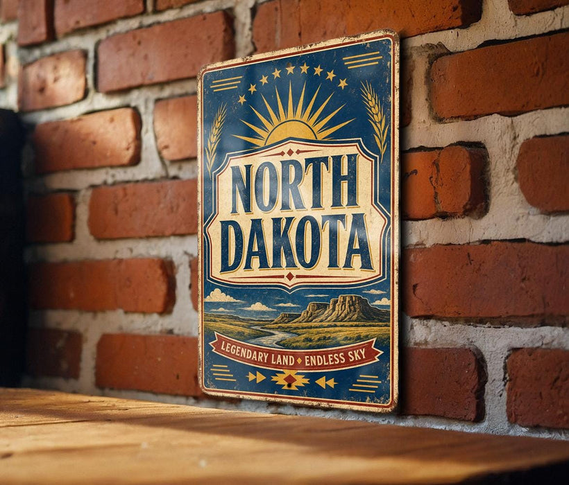 A vintage metal sign with the text "NORTH DAKOTA" and a sun-like design is displayed on a brick wall.