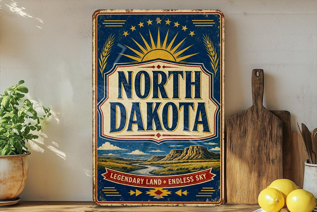 A vintage-style sign for North Dakota, featuring a sun and wheat design, is displayed on a shelf next to a wooden cutting board and some lemons.