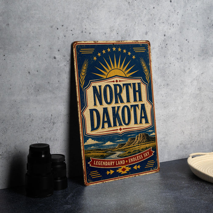 A vintage metal sign with the text "NORTH DAKOTA" and a sun-like design, placed on a gray countertop next to some black camera lenses.