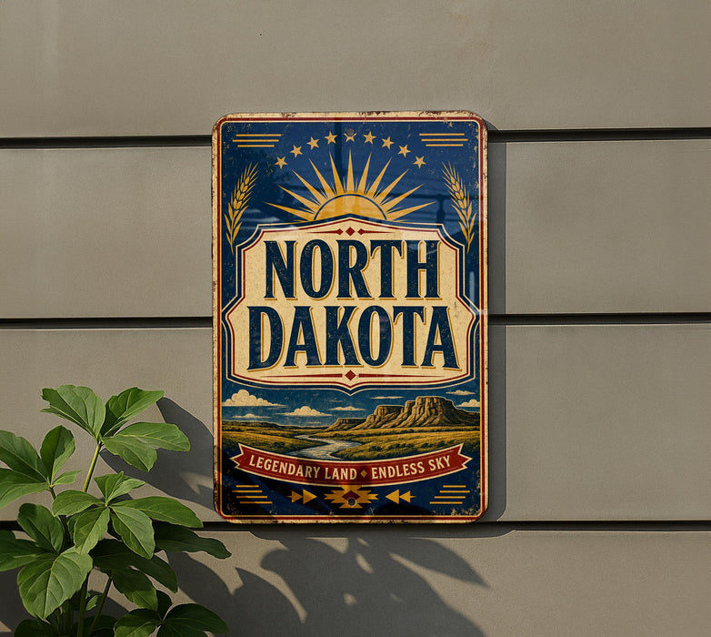 A vintage metal sign with the text "NORTH DAKOTA" and a sun-like design, mounted on a wall.