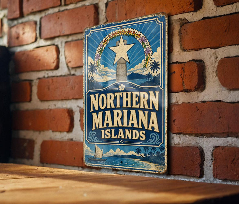 A vintage-style metal sign with the text "NORTHERN MARIANA ISLANDS" is displayed on a brick wall.