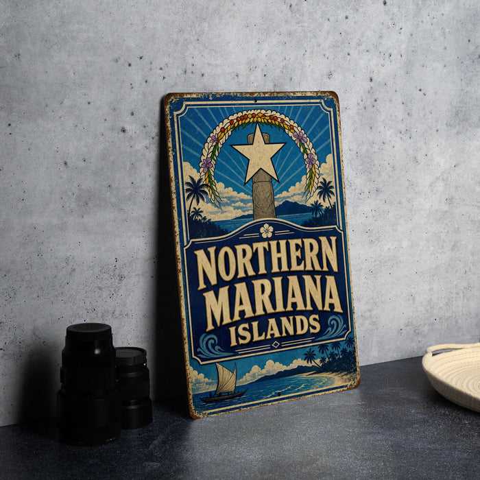 A vintage-style sign for the Northern Mariana Islands, featuring a star and palm trees, is displayed on a table next to some black camera lenses.