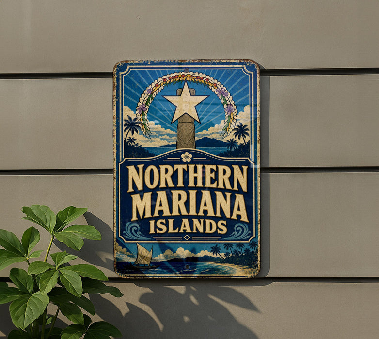 A vintage-style sign for the Northern Mariana Islands, featuring a star and palm trees, is displayed on a wall next to a plant.