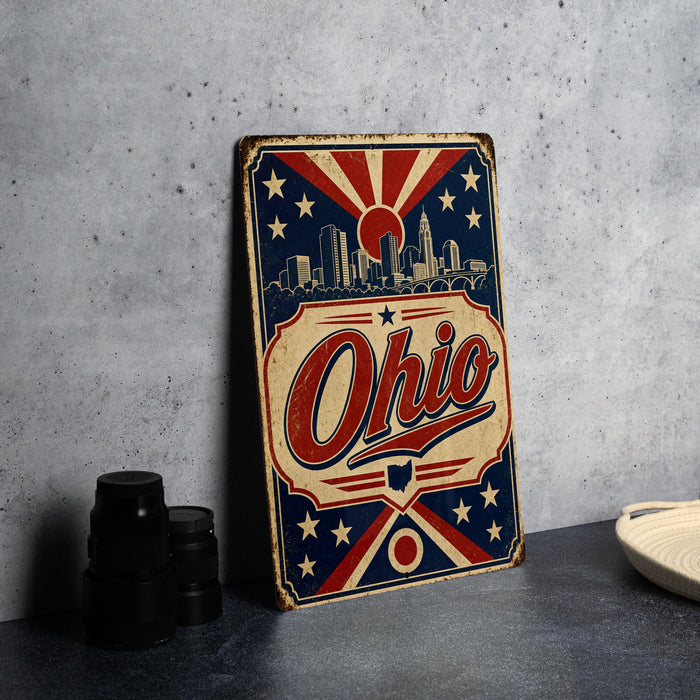 A vintage-style metal sign with the word "Ohio" prominently displayed, featuring a city skyline and stars in the background.