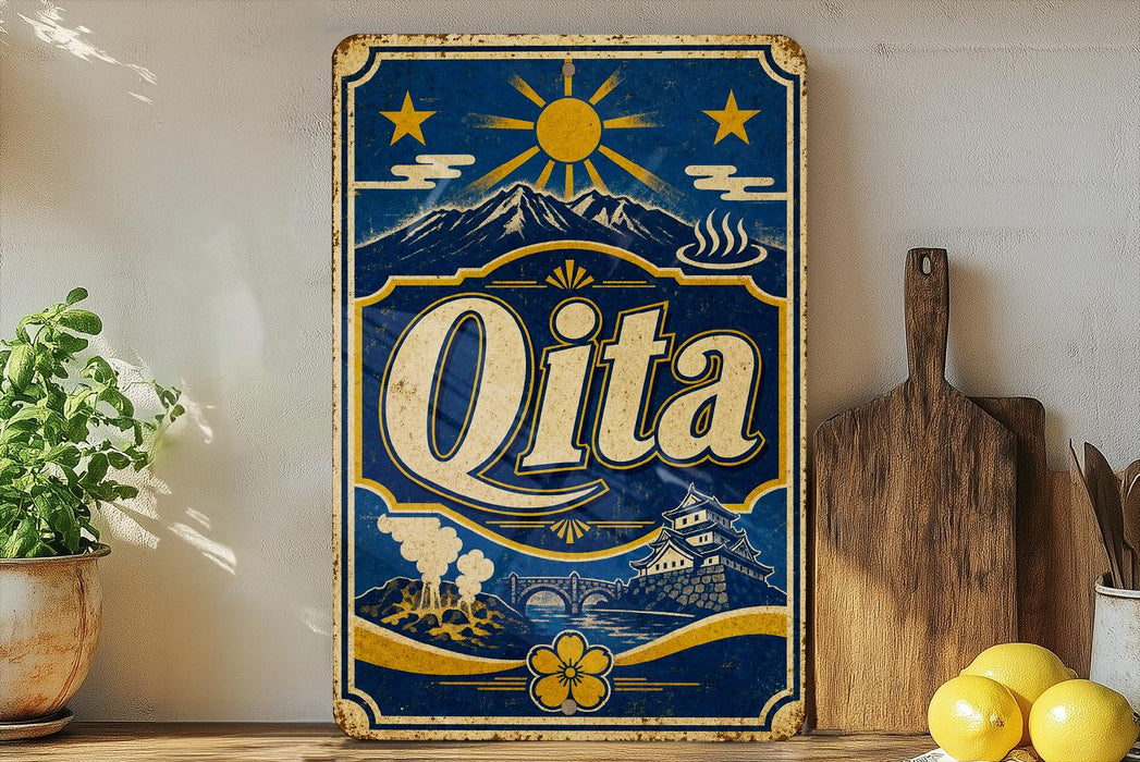 A vintage-style metal sign with the word "Qita" prominently displayed, featuring a sun, mountains, and other scenic elements. The sign is placed on a wooden surface, with a potted plant, a wooden cutting board, and some lemons nearby.