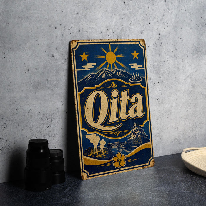 A vintage-style metal sign with the word "Qita" prominently displayed, featuring a sun, mountains, and other scenic elements.