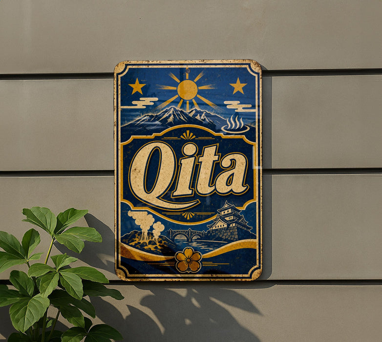 a vintage-style metal sign with a blue background and gold accents, hanging on a wall.
