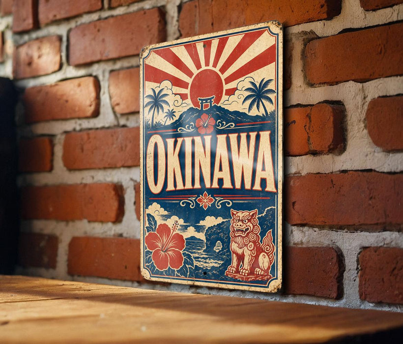 A vintage-style sign for "OKINAWA" is displayed on a brick wall, featuring a sun and palm trees, a lion, and a hibiscus flower.