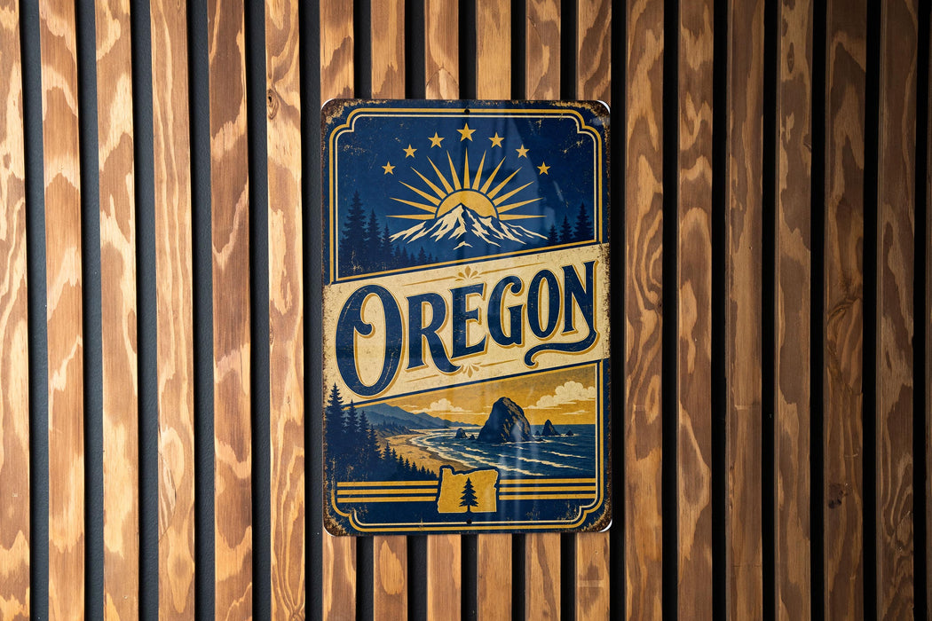 A vintage-style metal sign with the word "Oregon" prominently displayed, featuring a mountain landscape and sun in the background.