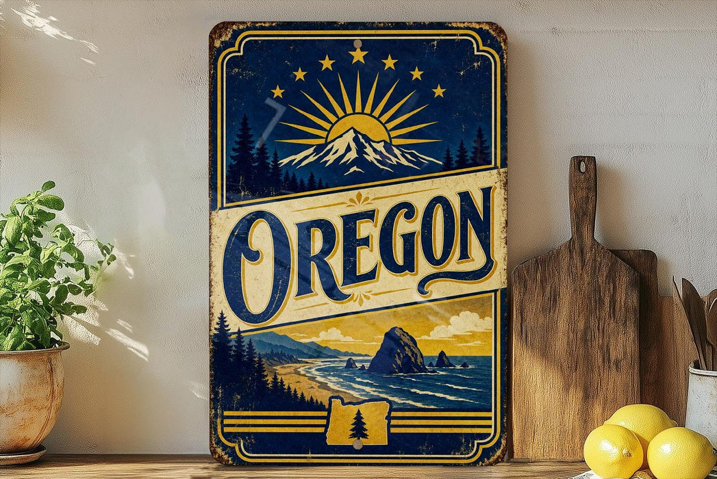 A vintage-style sign for Oregon featuring a mountain landscape with a sun and stars, along with the state's name in a decorative font.